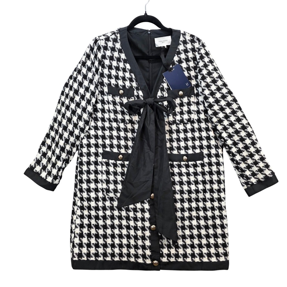 Tuckernuck Pomander Place Coco Tweed Bow Dress Black White Houndstooth Tweed Lg - Picture 2 of 12